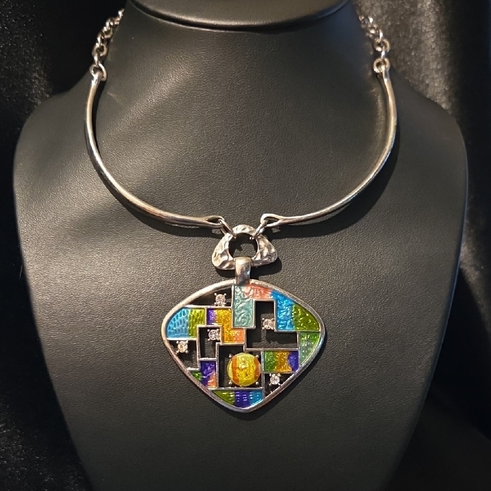 Estate Multicolor Geometric Rhinestone Pendant Necklace - Picture 2 of 4